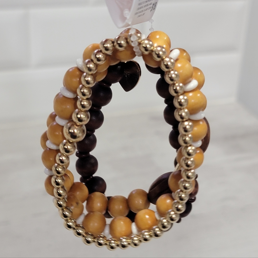 NWT Joe Fresh Beaded Bracelet Set Wooden Stackable Heart Charm Stretchy Boho - Picture 7 of 14